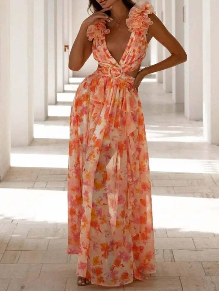 Aurohaya Deep V-neck Floral Hollow Maxi Dress Orange