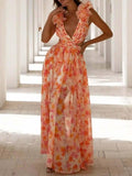 Aurohaya Deep V-neck Floral Hollow Maxi Dress Orange