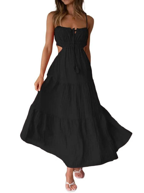 Aurohaya Sling Hollow Backless Large Pendulum Dress Black