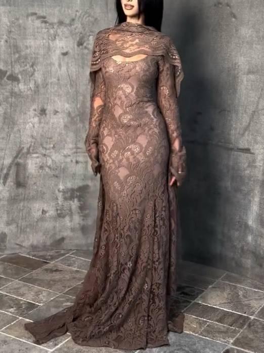 Aurohaya Lace Scarf Design Maxi Dress Brown