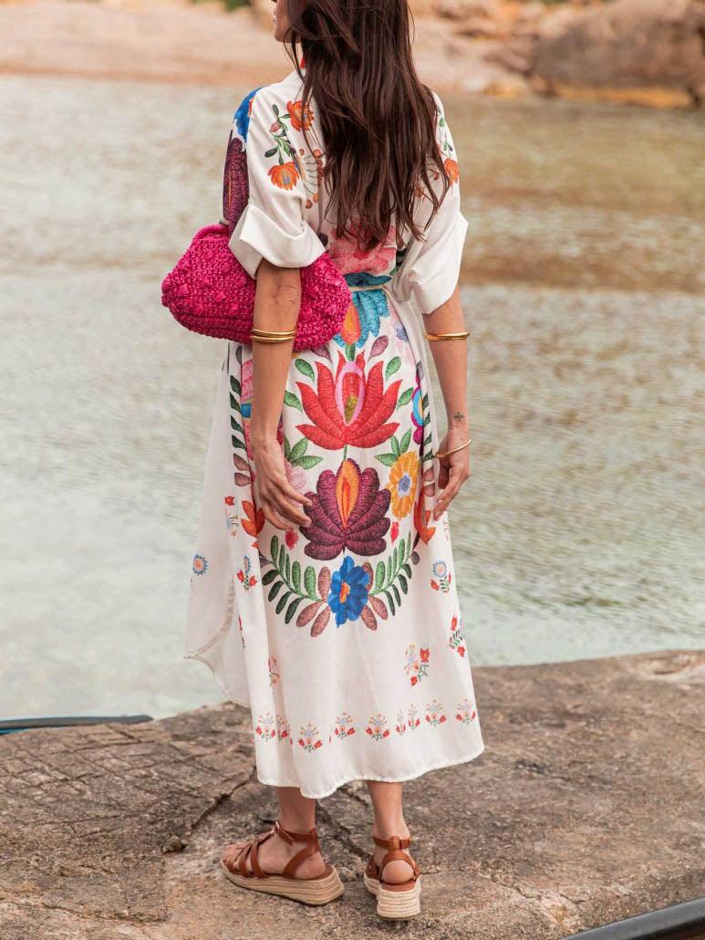 Aurohaya Casual Positioning Print Loose Resort Shirt Midi Dress