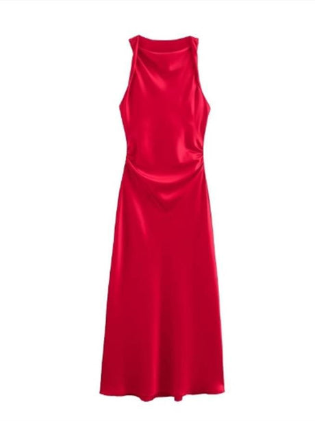 Aurohaya Sleeveless Satin Maxi Dress Red