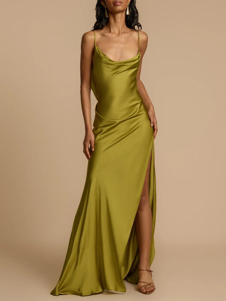 Aurohaya Elegant Satin Ruffled High Slit Maxi Dress