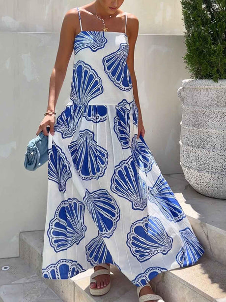 Aurohaya Holiday Casual Ocean Shell Print Sling Maxi Dress Blue