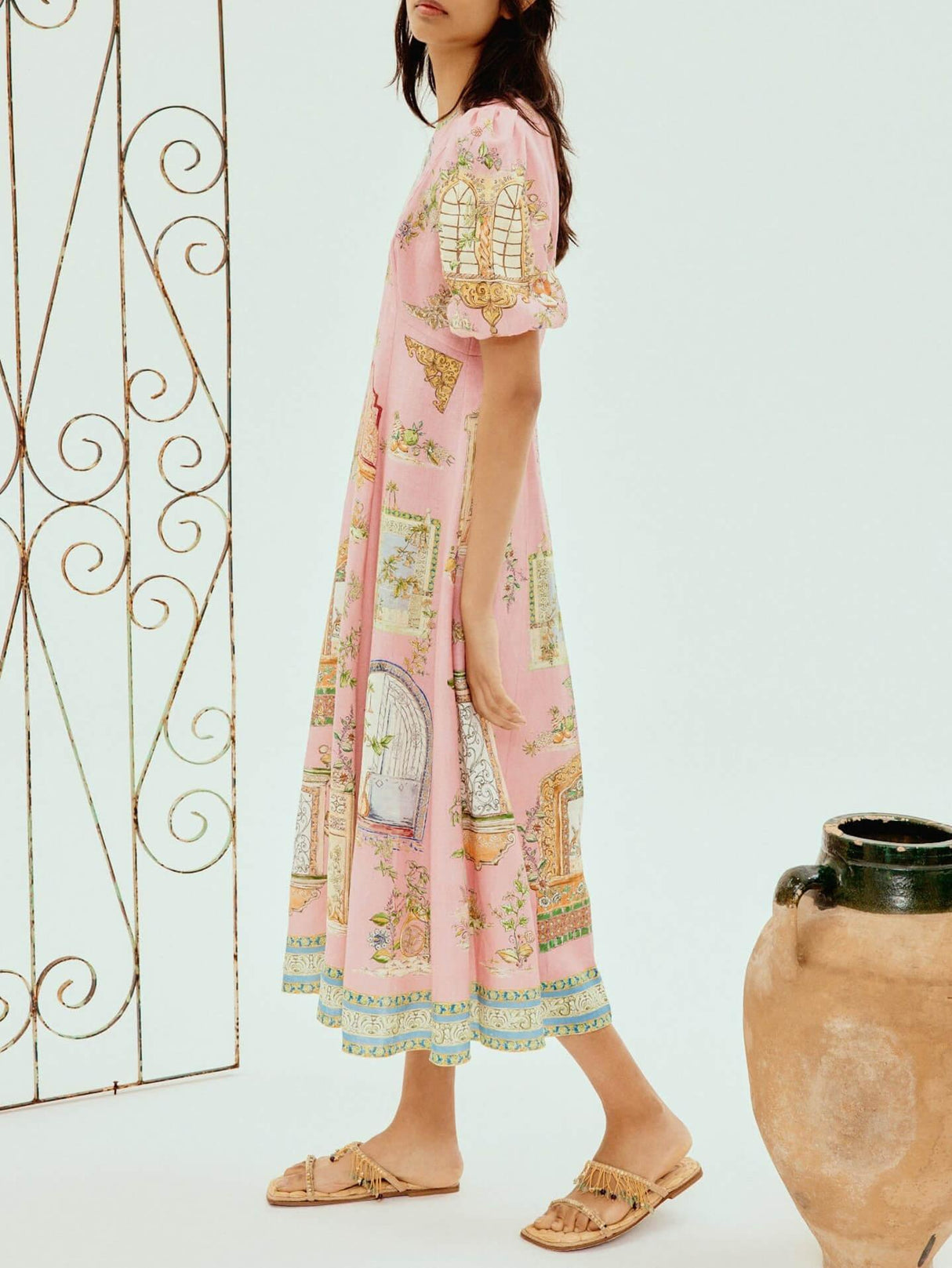 Aurohaya Exquisite Garden Print Puff Sleeve A-Line Midi Dress