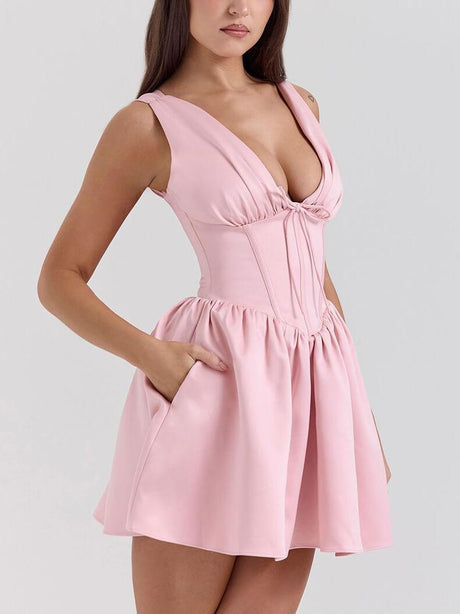 Aurohaya Elegant Satin Bow V Neck Mini Dress