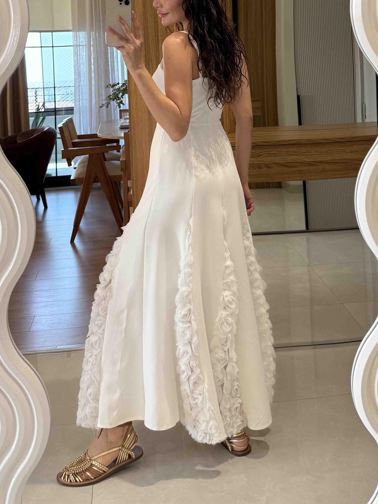 Aurohaya Elegant Rose Floral Applique Spaghetti Strap Midi Dress