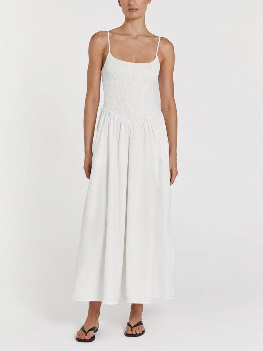 Aurohaya Fashionable Spaghetti Strap Solid Color Slit Midi Dress White