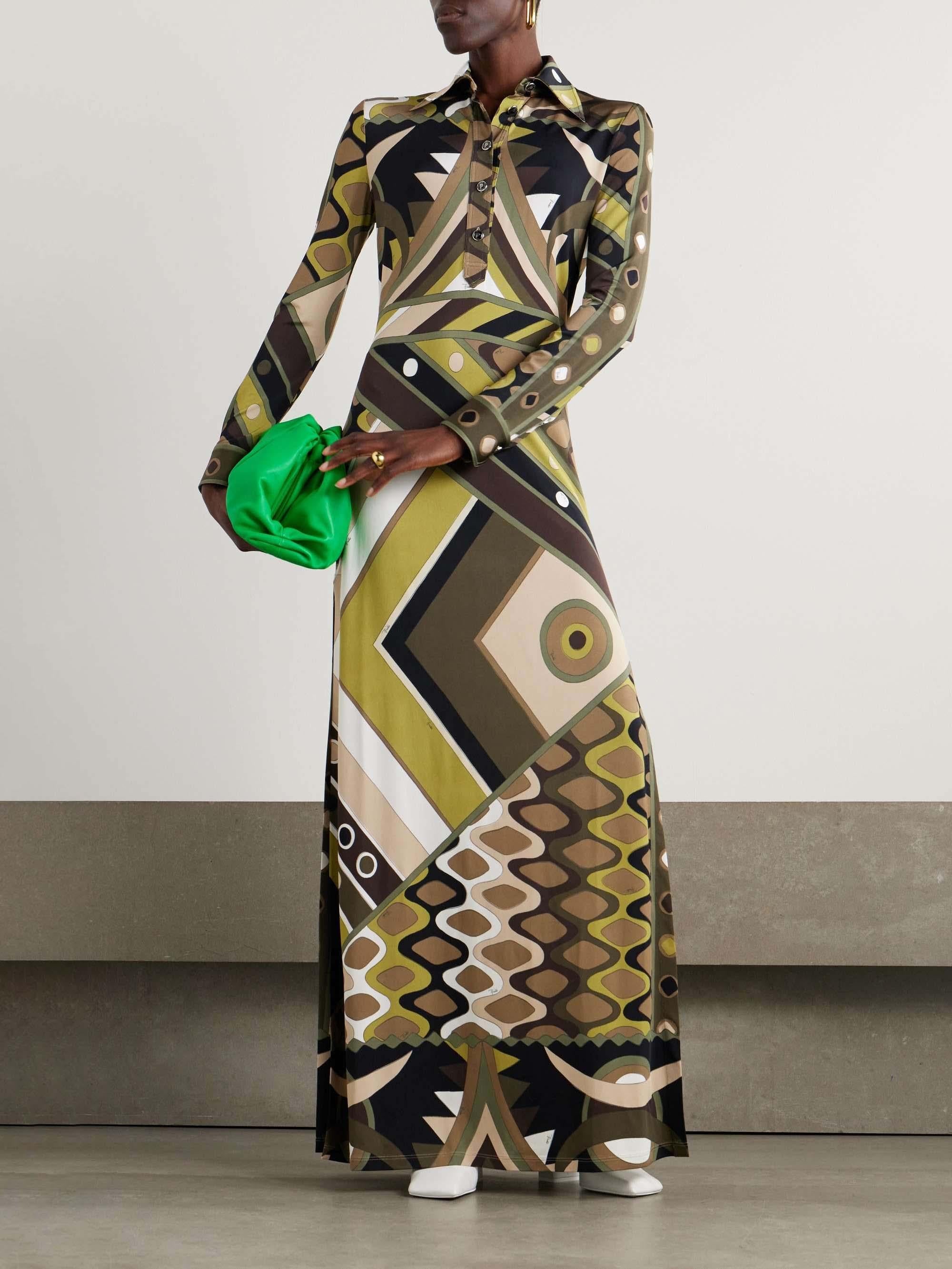 Aurohaya Retro Personality Abstract Print Long Sleeve Maxi Dress Green