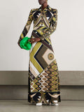 Aurohaya Retro Personality Abstract Print Long Sleeve Maxi Dress Green