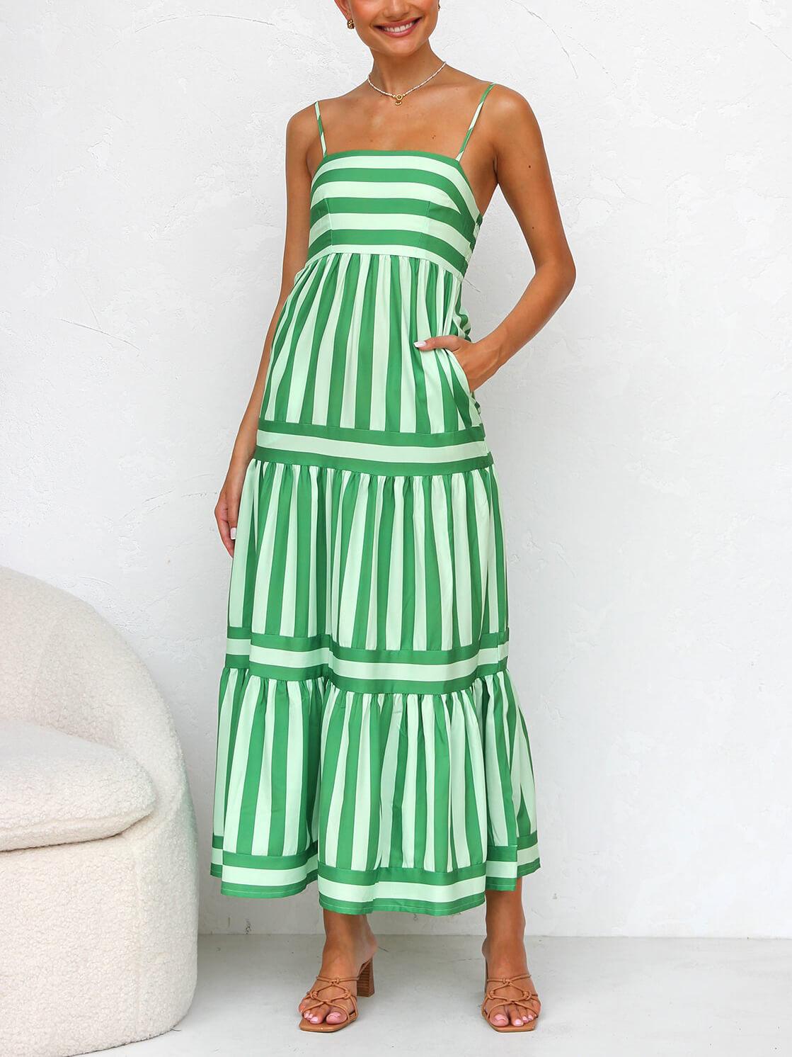 Aurohaya Suspender Open Back Striped Positioning Print Pocket Midi Dress