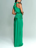 Aurohaya Elegant Asymmetric Neckline Pleated Party Maxi Dress