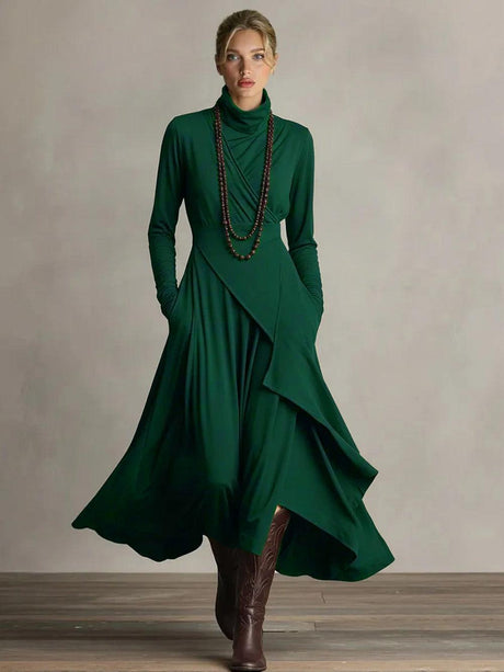 Aurohaya Elegant High-Neck Draped Asymmetrical Maxi Dress Green