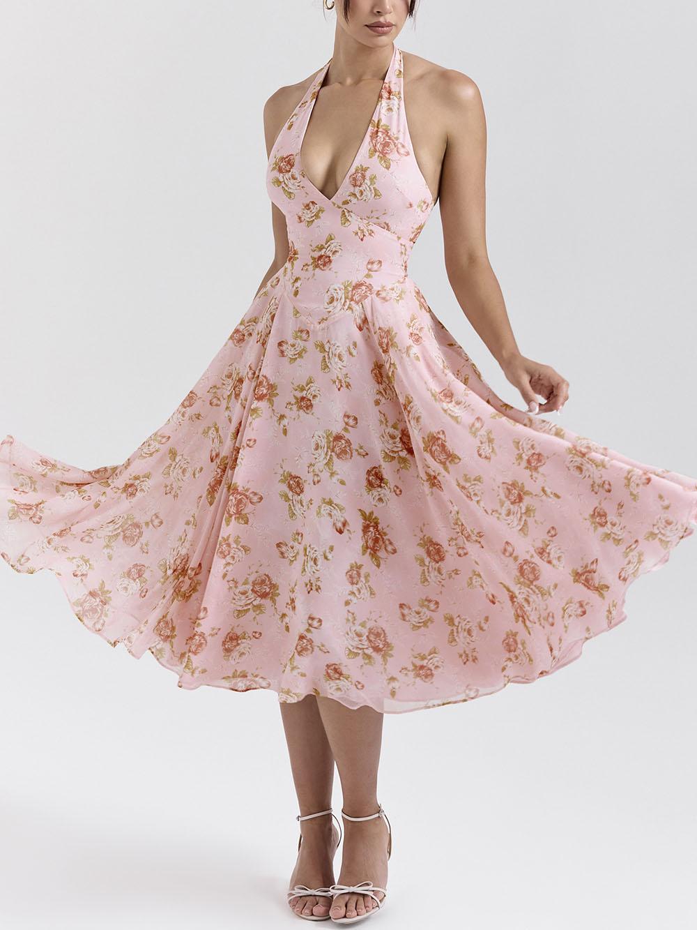 Aurohaya Exquisite Retro V-Neck Rose Print Midi Dress