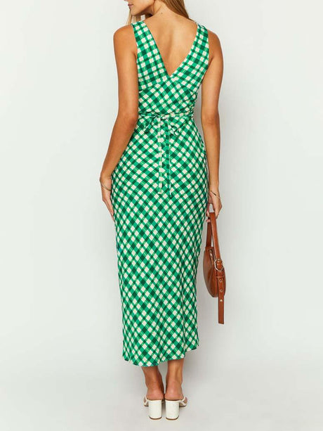 Aurohaya Vintage Green Plaid V-Neck Maxi Dress
