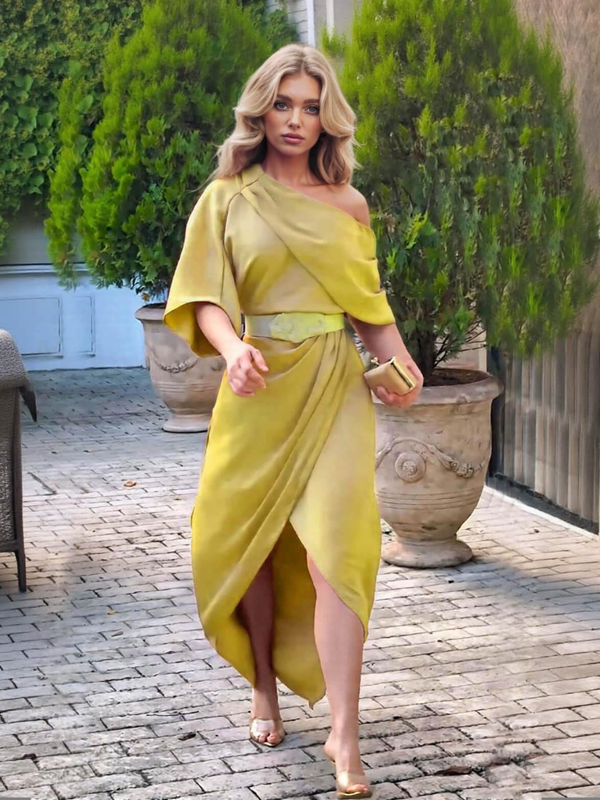 Aurohaya Exquisite Satin Irregular Lapel Neckline Design Ruched Maxi Dress Yellow