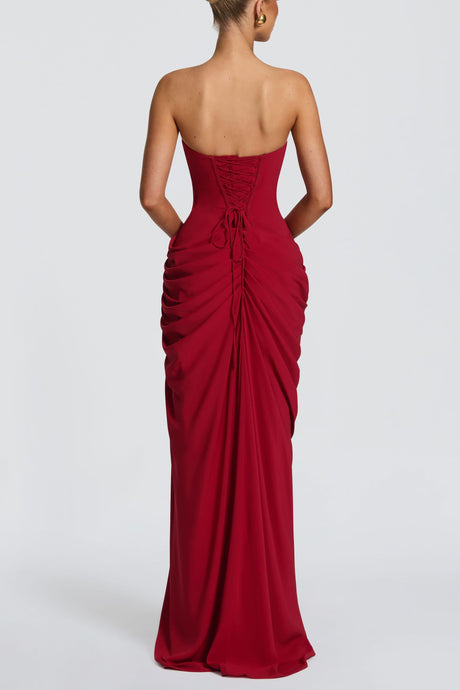 Azalée Strapless Draped High-Slit Maxi Dress / Red