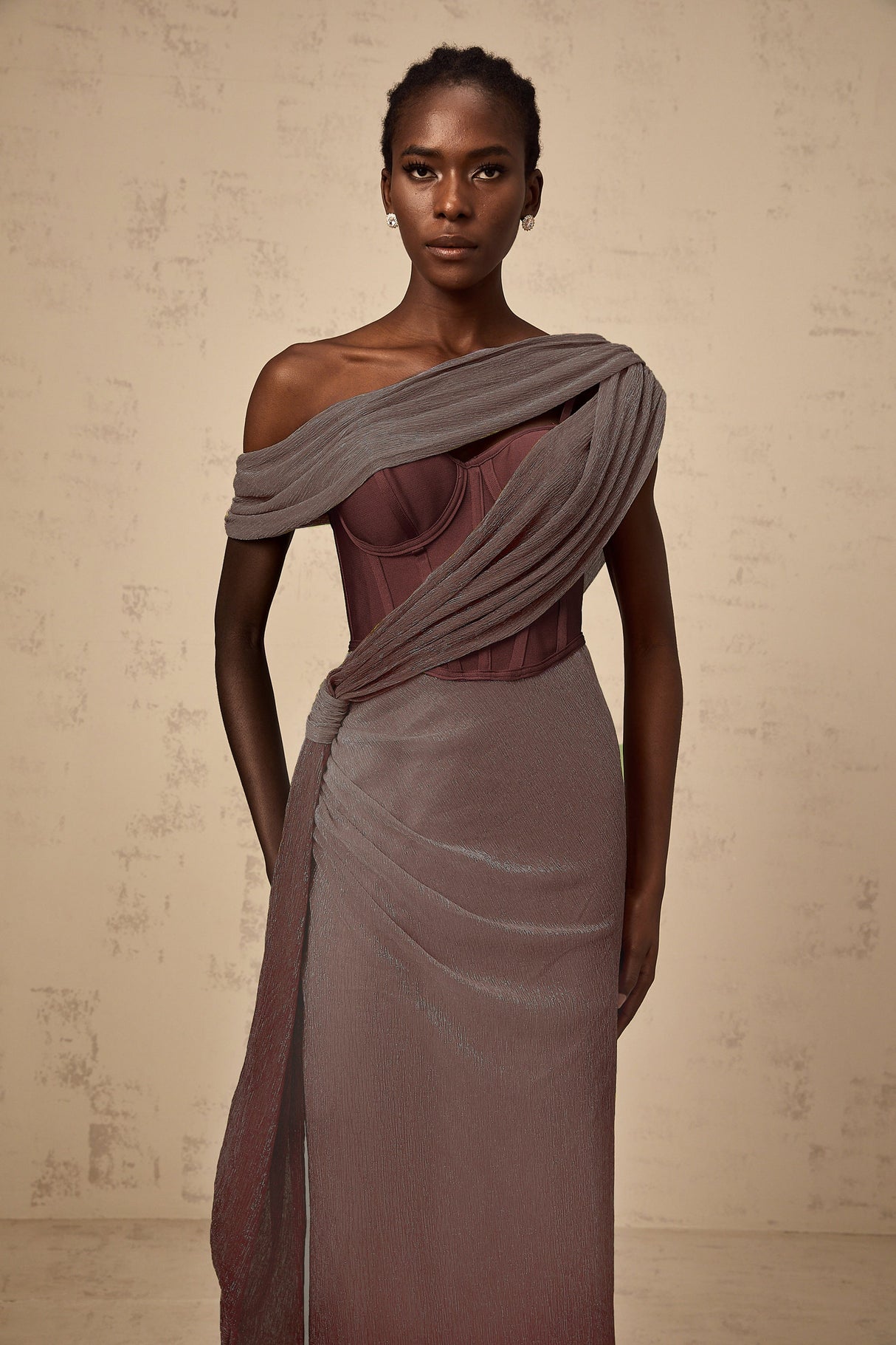 Aurohaya Delphine ribbon-design corset maxi dress in Brown