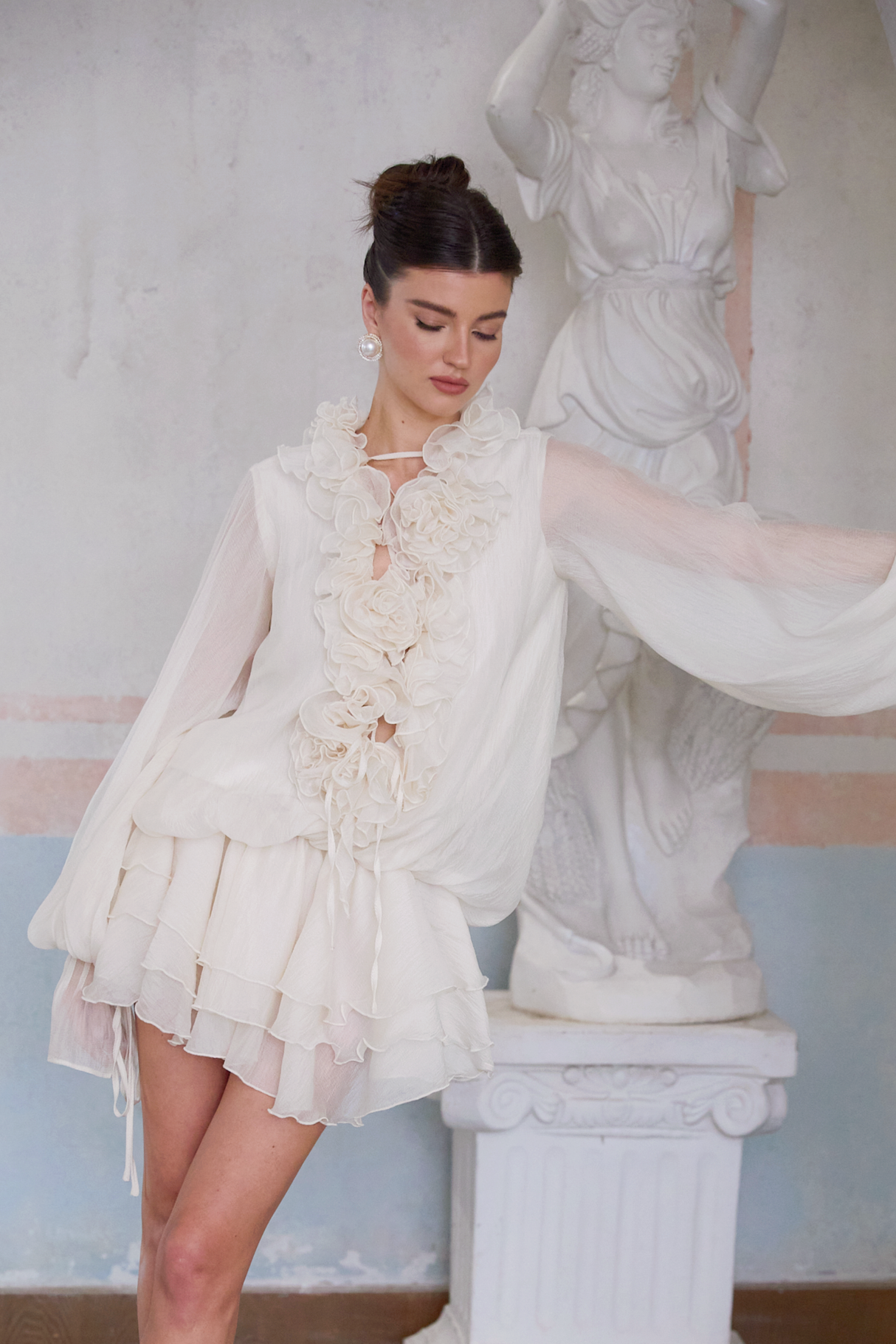Aurohaya Zéphyrine floral-appliqué tiered mini dress in Neutrals