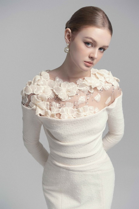 Aurohaya Silvia White Floral Appliqué Off-Shoulder Gown
