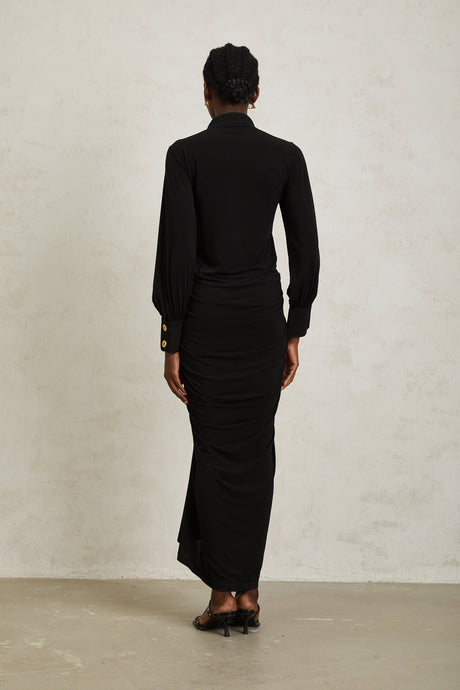 Aurohaya Brooklyn Black Gathered Draped Maxi Dress