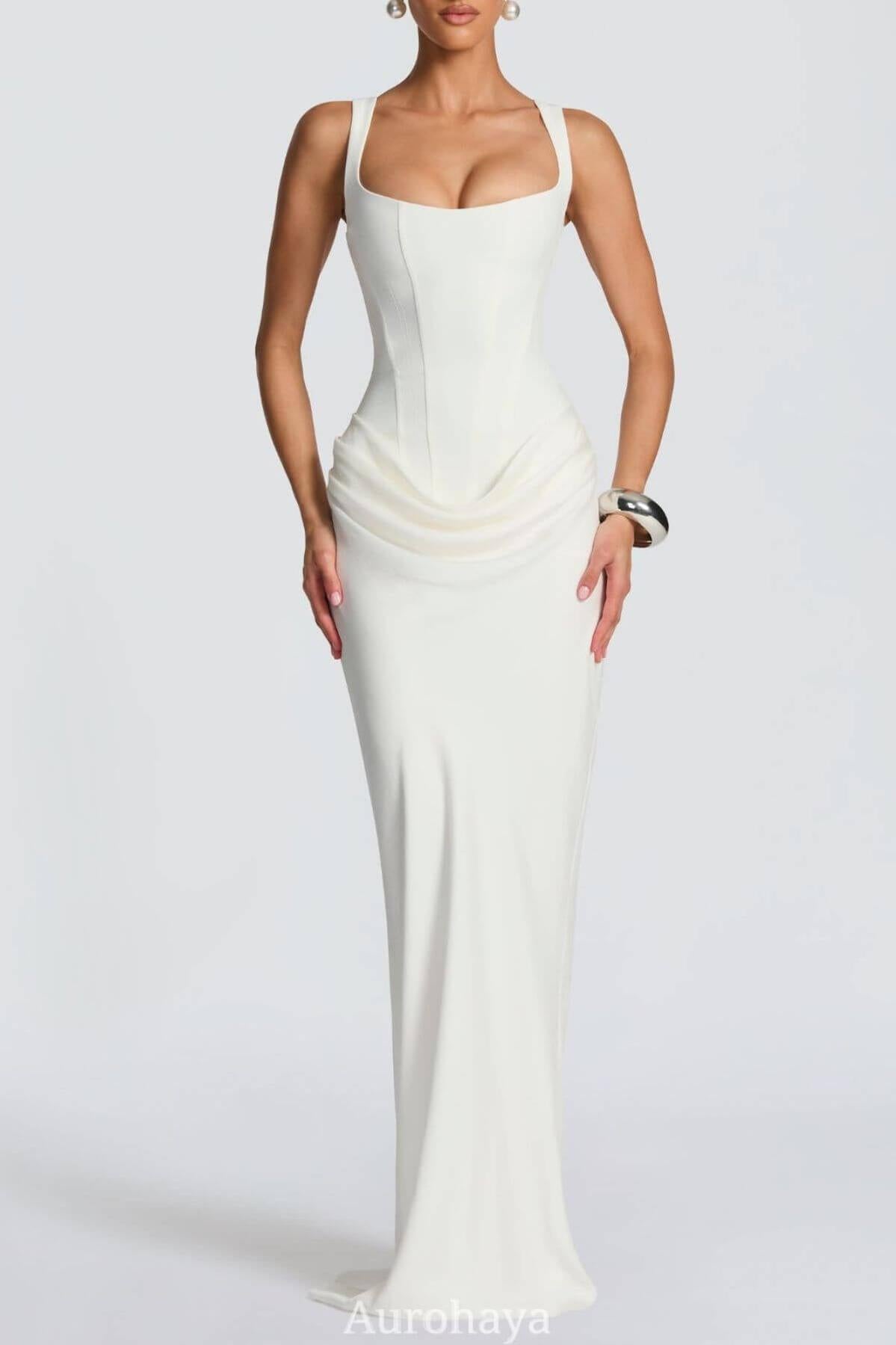 Aurohaya Corset Maxi Dress Square Neck - Boned Crepe Bodice & Cowl Skirt White