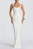 Aurohaya Corset Maxi Dress Square Neck - Boned Crepe Bodice & Cowl Skirt White