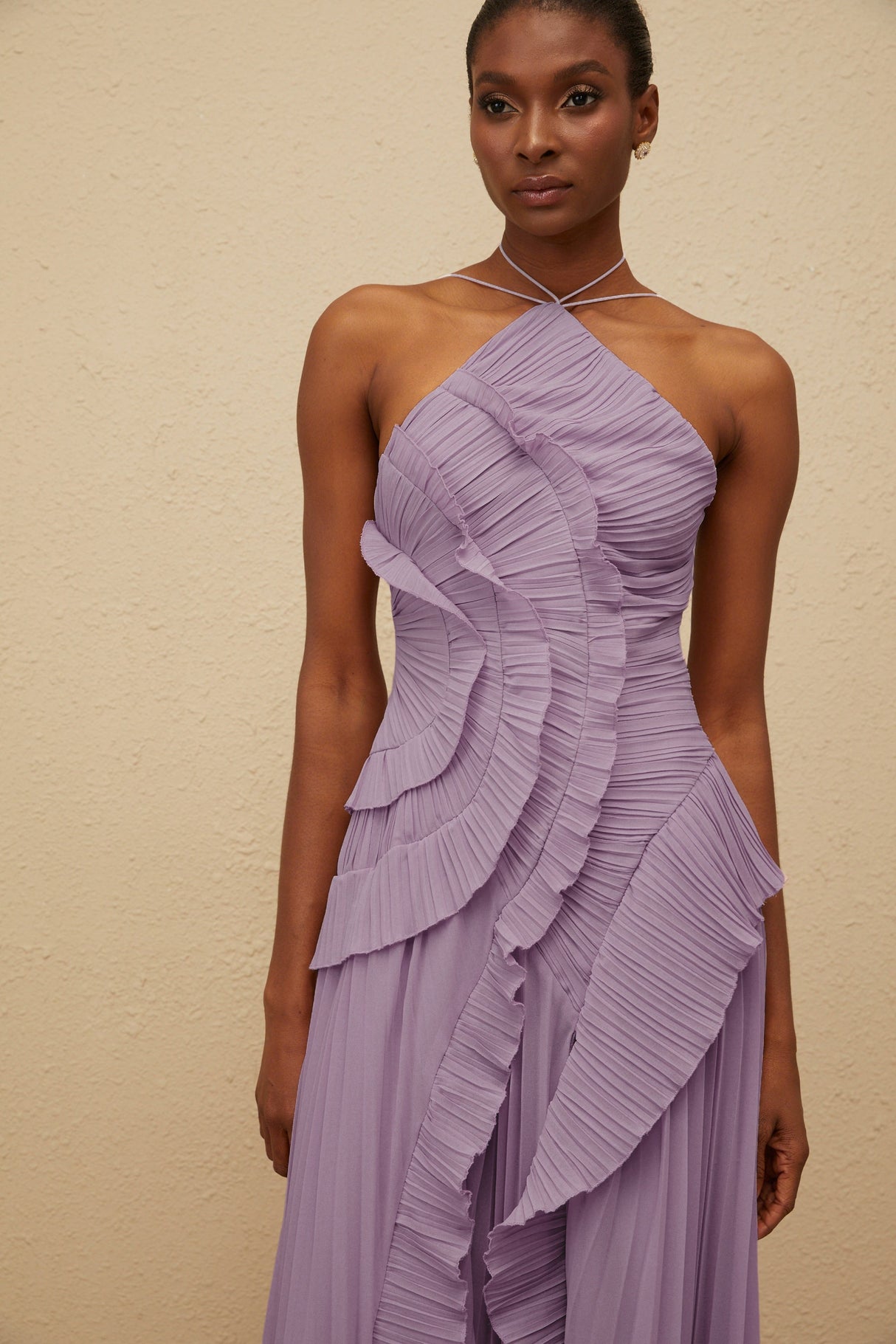 Aurohaya Doux Purple Ruffled Trim Pleated Midi Dress