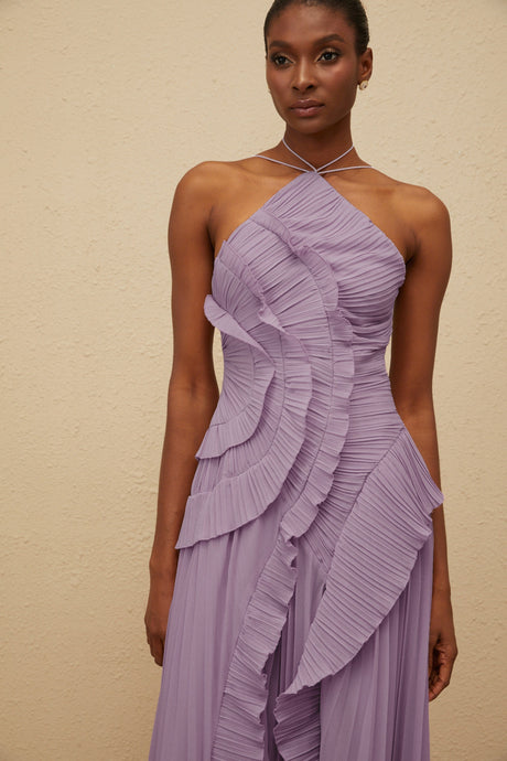 Aurohaya Doux Purple Ruffled Trim Pleated Midi Dress