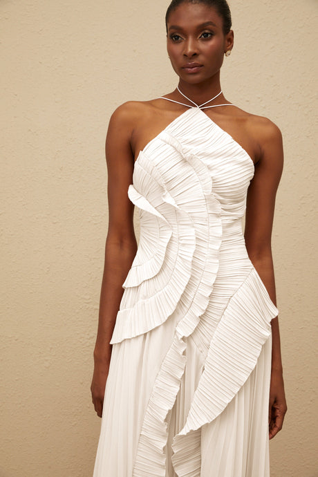 Aurohaya Doux White Ruffled Trim Pleated Midi Dress
