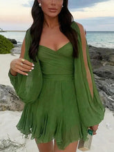 Aurohaya Sexy V-neck Lantern Sleeves Flowy Mini Dress Green