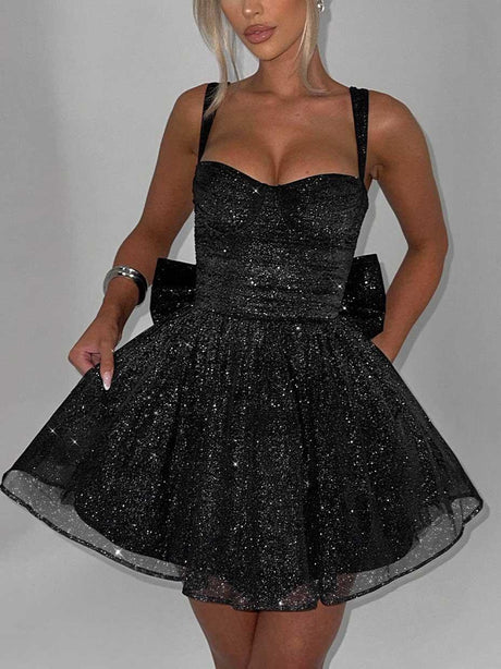 Aurohaya Elegant Pleated Bow Mini Dress