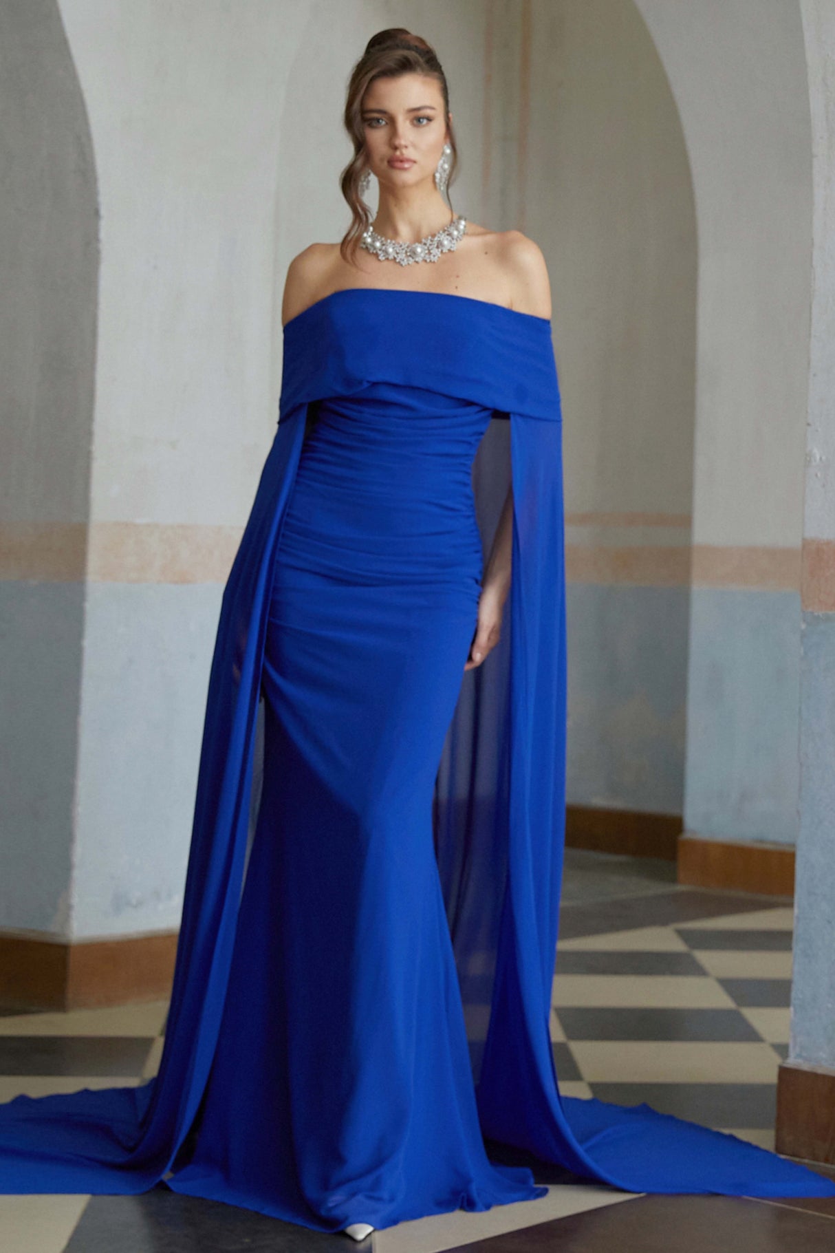Aurohaya Jovie Blue Cape Design Ruched Maxi Gown
