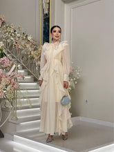 Aurohaya Chiffon Ruffle Maxi Dress — Bow-Tie Modest Evening Gown White