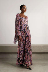Aurohaya Exquisite Printed Metallic Pleated Chiffon Trumpet Sleeve Maxi Dress Pink