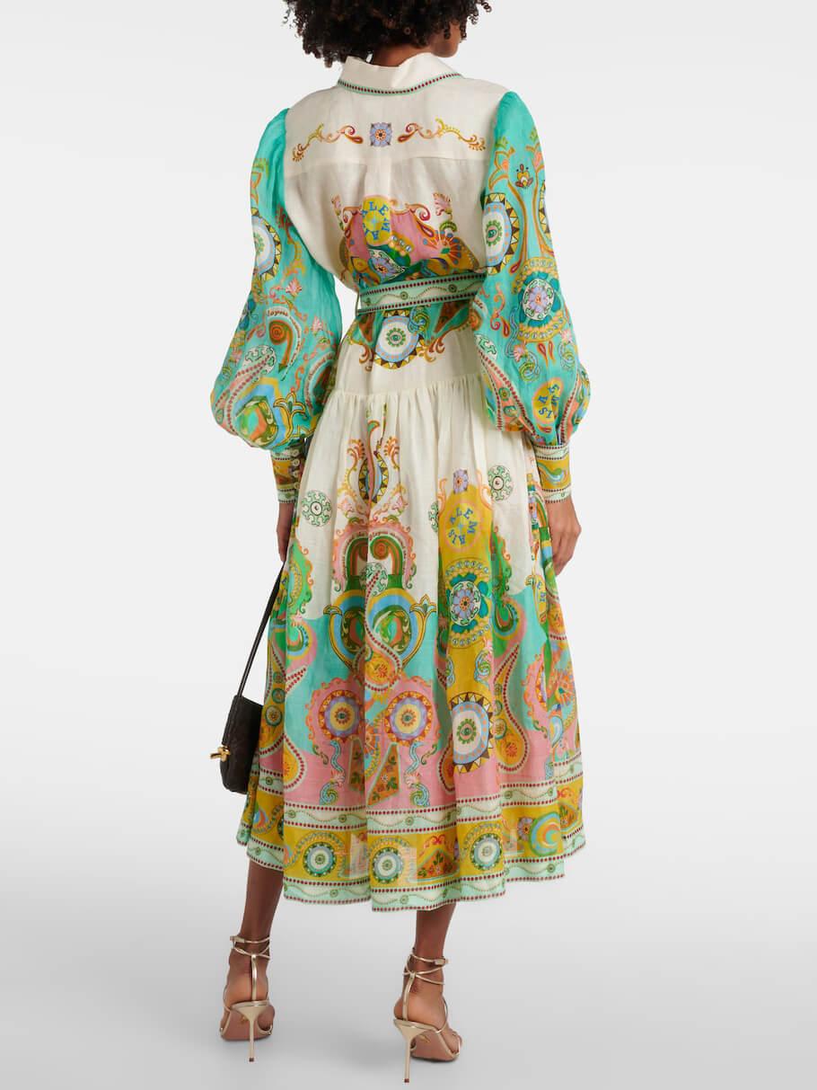 Aurohaya Unique Exquisite Fashion Print Puff Sleeve Tie Midi Dress