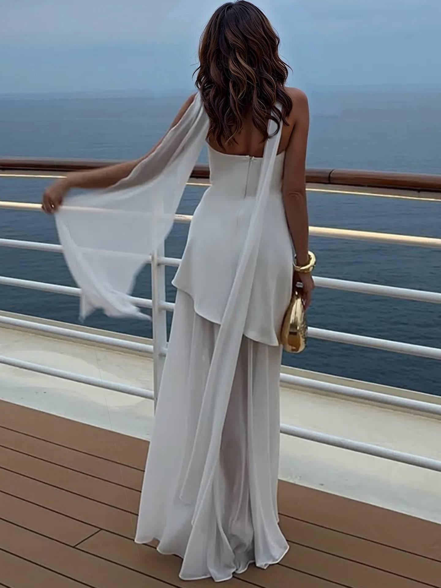 Aurohaya Tube Top Spliced Dress with Scarf White