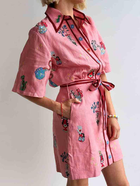 Aurohaya Casual Printed Shirt Collar Single-breasted Mini Dress