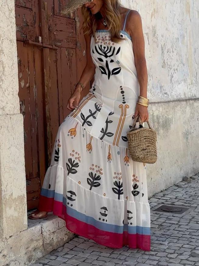 Aurohaya Fashion Personality Abstract Plant Print A-Line Maxi Dress