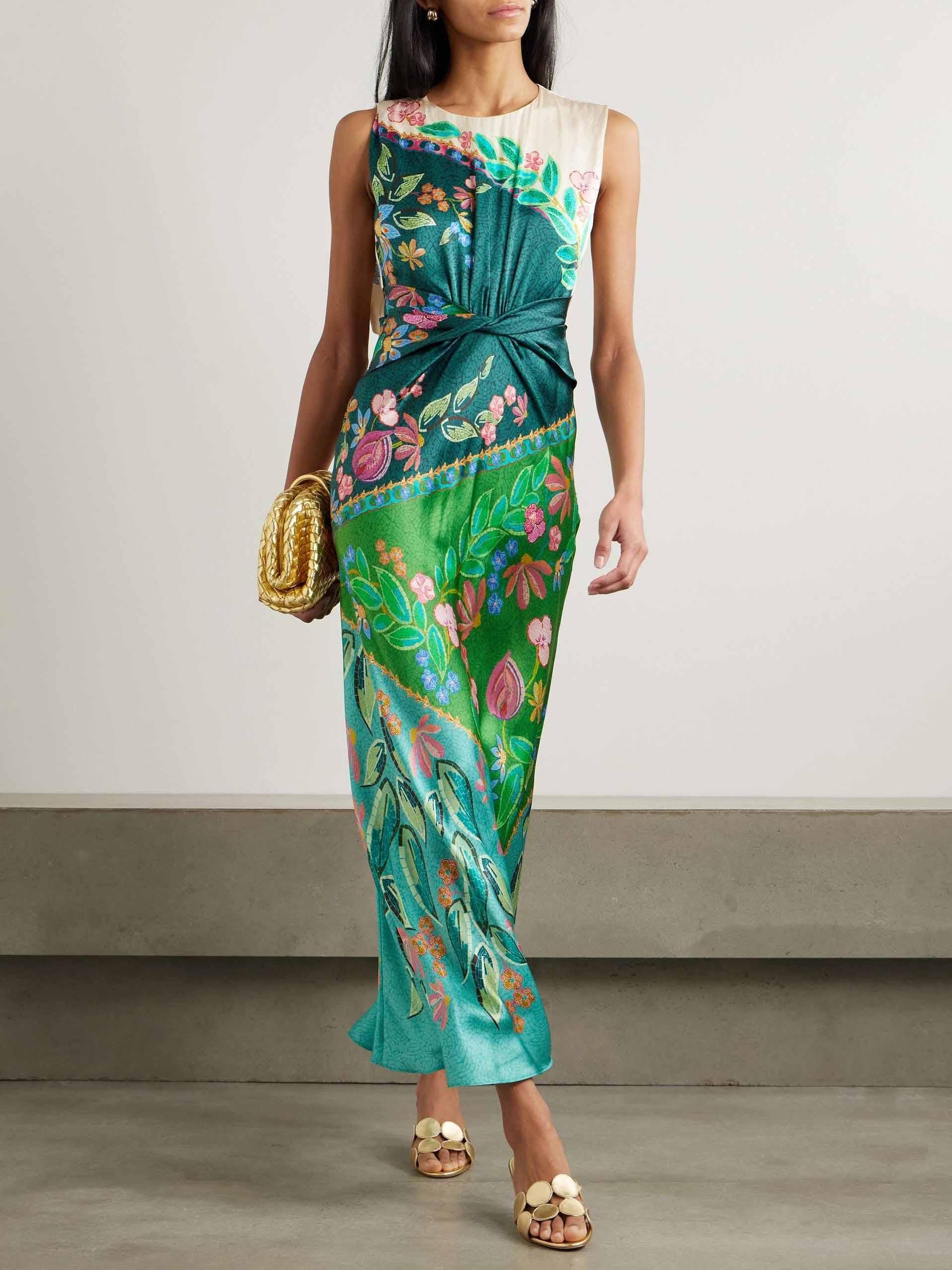 Aurohaya Exquisite Twisted Draped Floral Print Maxi Dress Green
