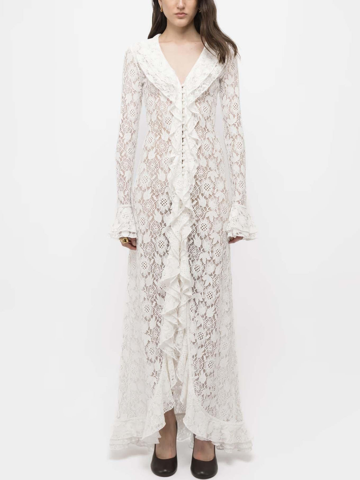 Aurohaya Ruffled Lace Front Slit Maxi Dress