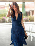 Elegant V-neck Pleated Fringe Maxi Dress