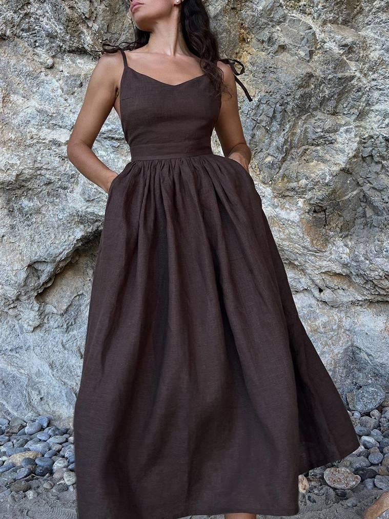 Aurohaya Elegant Sexy Strap Backless Dress Brown
