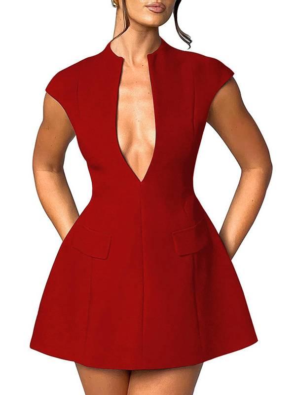 Aurohaya Flying Sleeve Deep V-neck Mini Dress Red