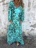 Aurohaya Leopard Print V-neck Pullover Long-sleeved Loose Dress Bright blue