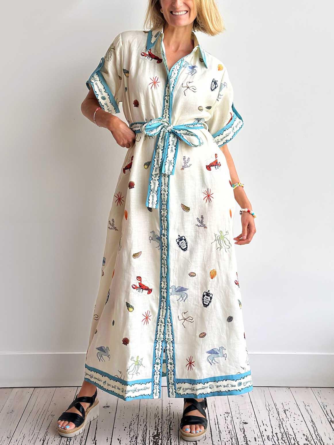 Aurohaya Fresh Ocean Lobster Print Lace-up Midi Shirt Dress White