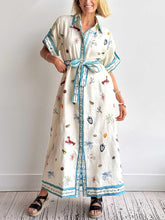 Aurohaya Fresh Ocean Lobster Print Lace-up Midi Shirt Dress White