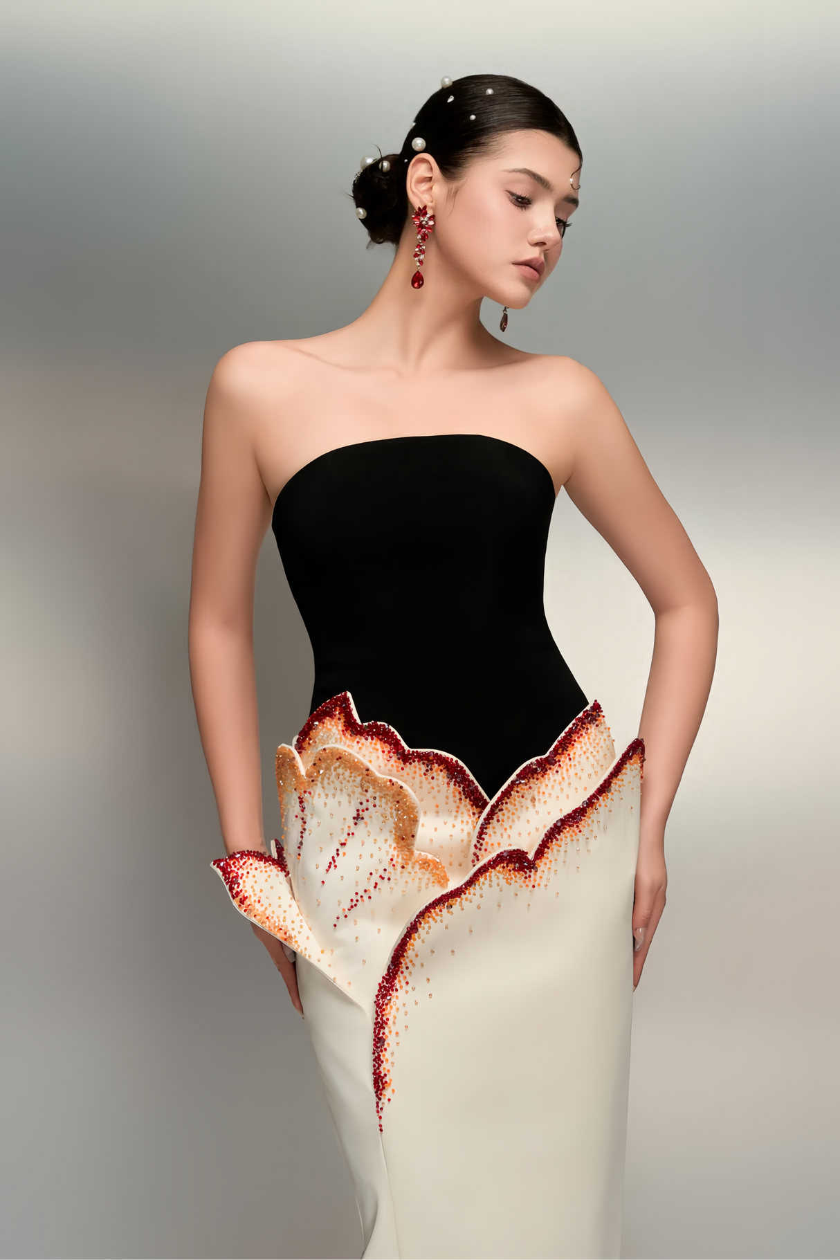 Aurohaya Mieke White Color Block 3D Petal Maxi Dress