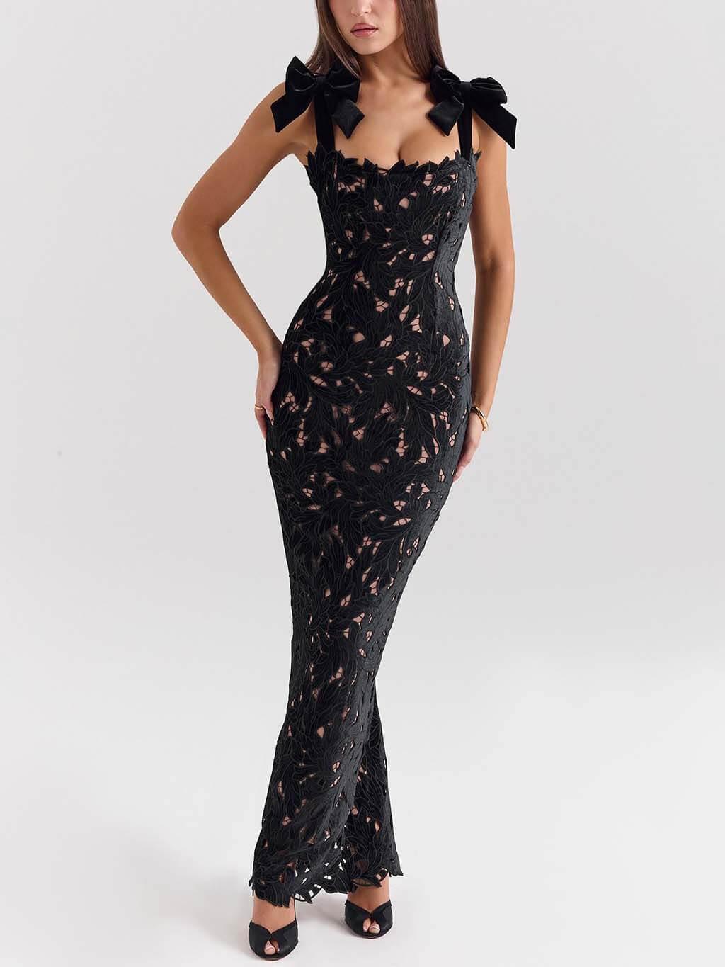 Aurohaya Elegant Bow Strap Festive Maxi Dress Black