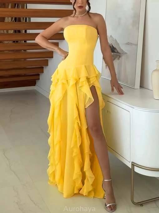 Aurohaya Tube Top Multi-layer Ruffled Side Slit Maxi Dress